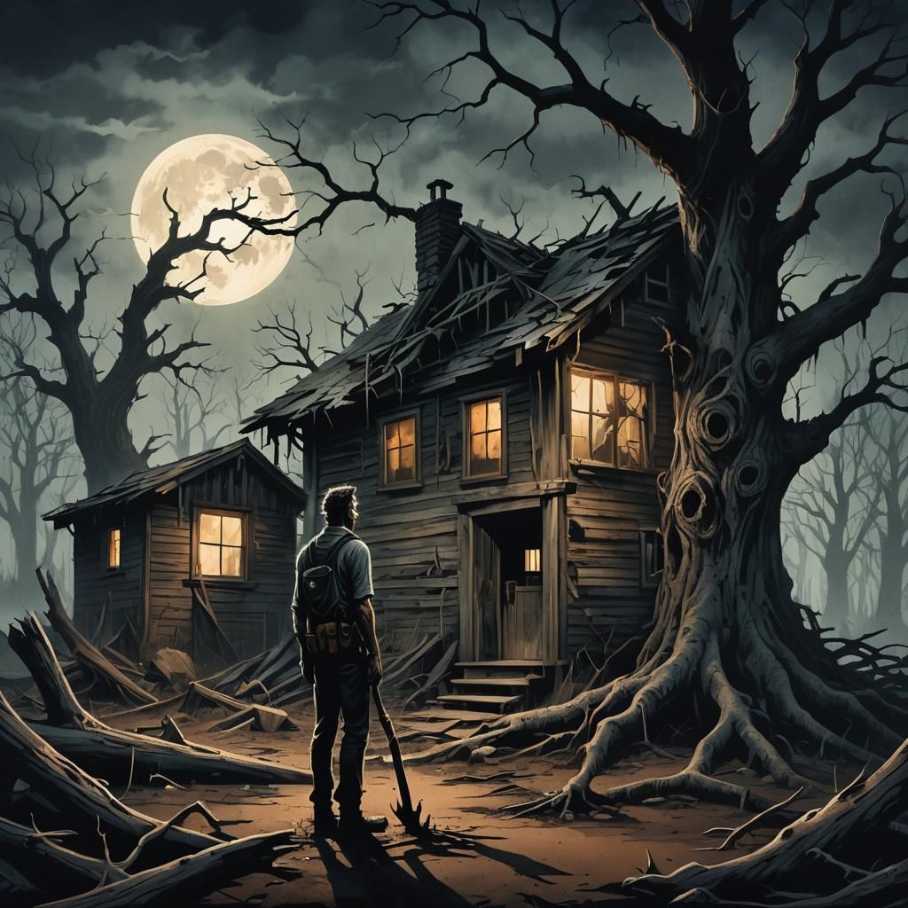 Eerie Dark Fantasy Cabin Illustration with Twisted Trees