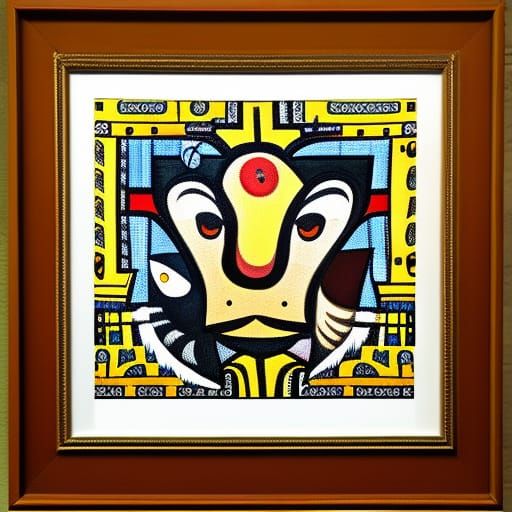 Surreal Cow-Lion in Floral Field with Shipibo Patterns