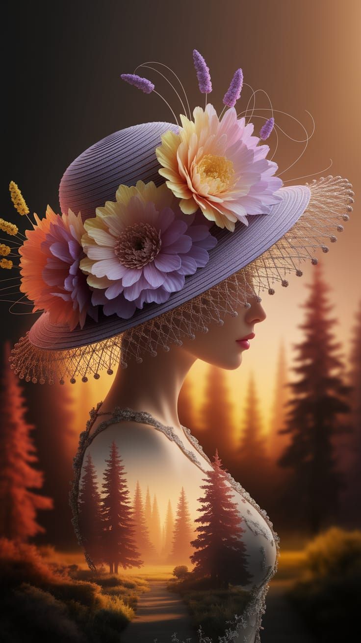 Spring Double Exposure Hat: Digital Art Masterpiece