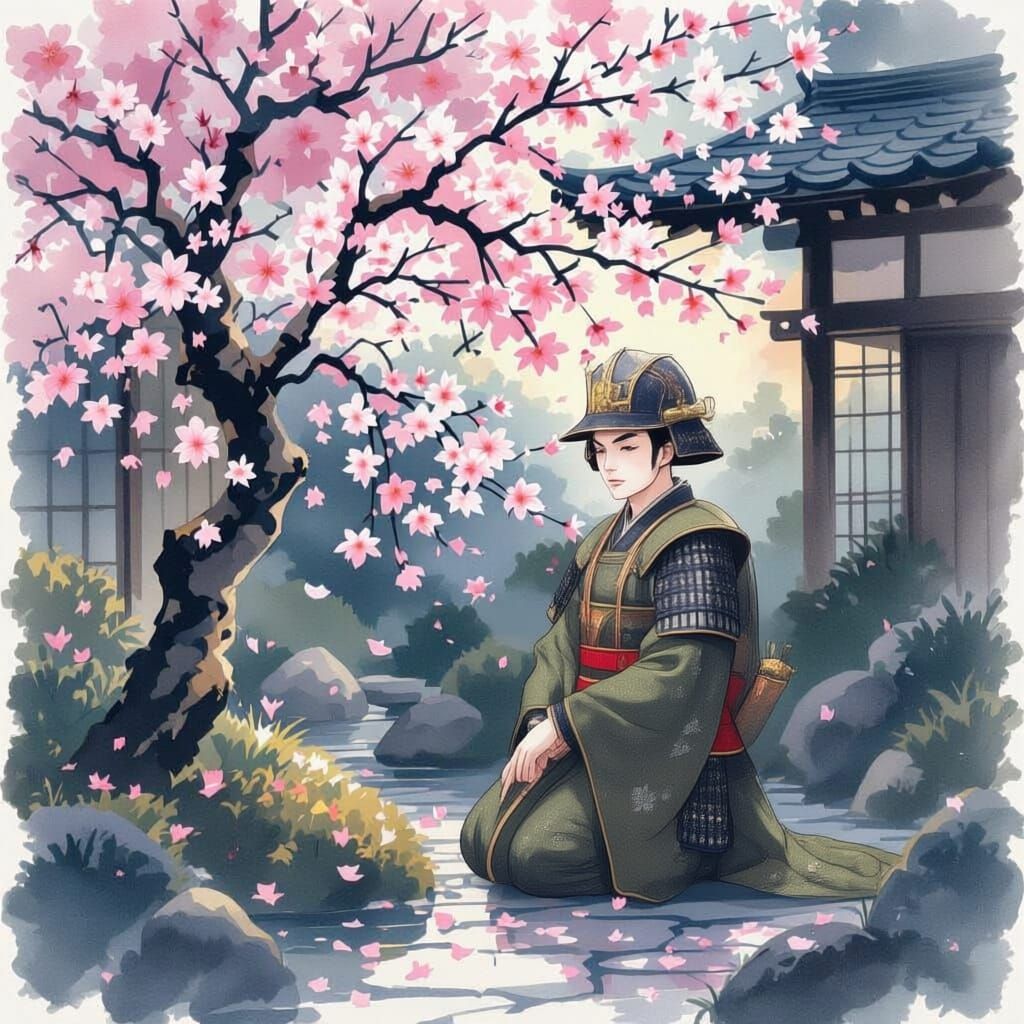 Shogun Tends Blooming Sakura in Twilight Kyoto Garden