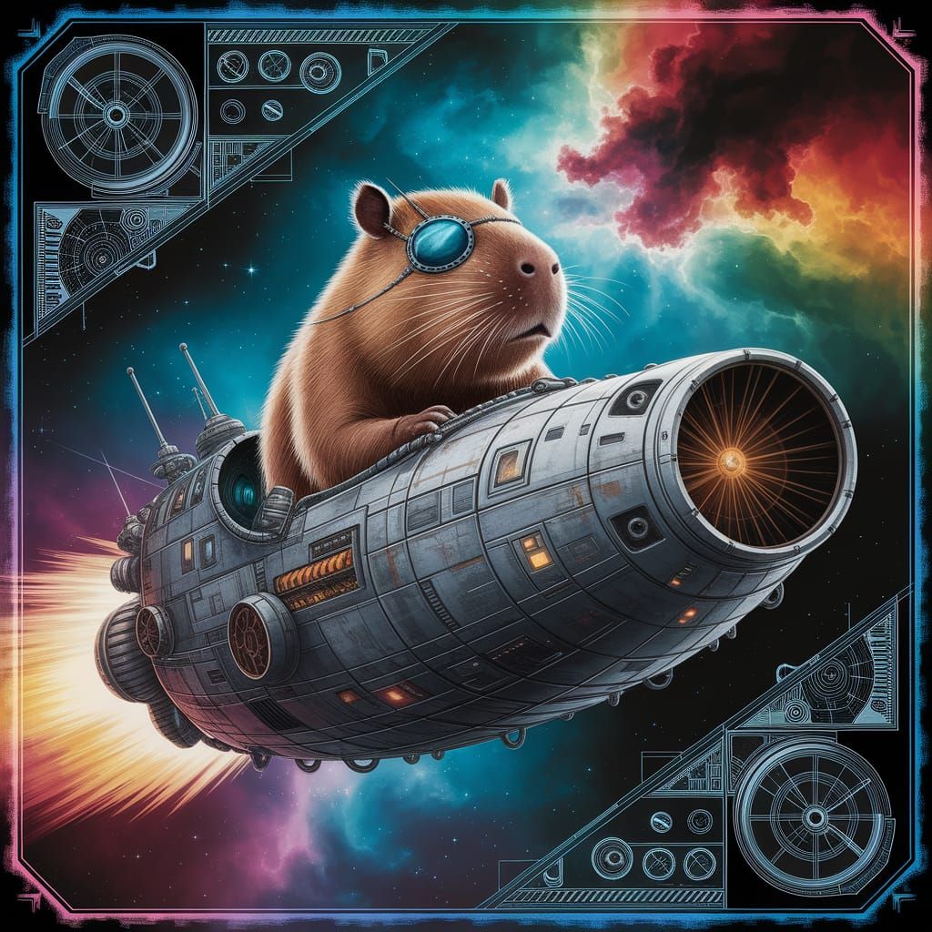 Space Capybara Pirate Navigates Nebula in Sci-Fi Freighter