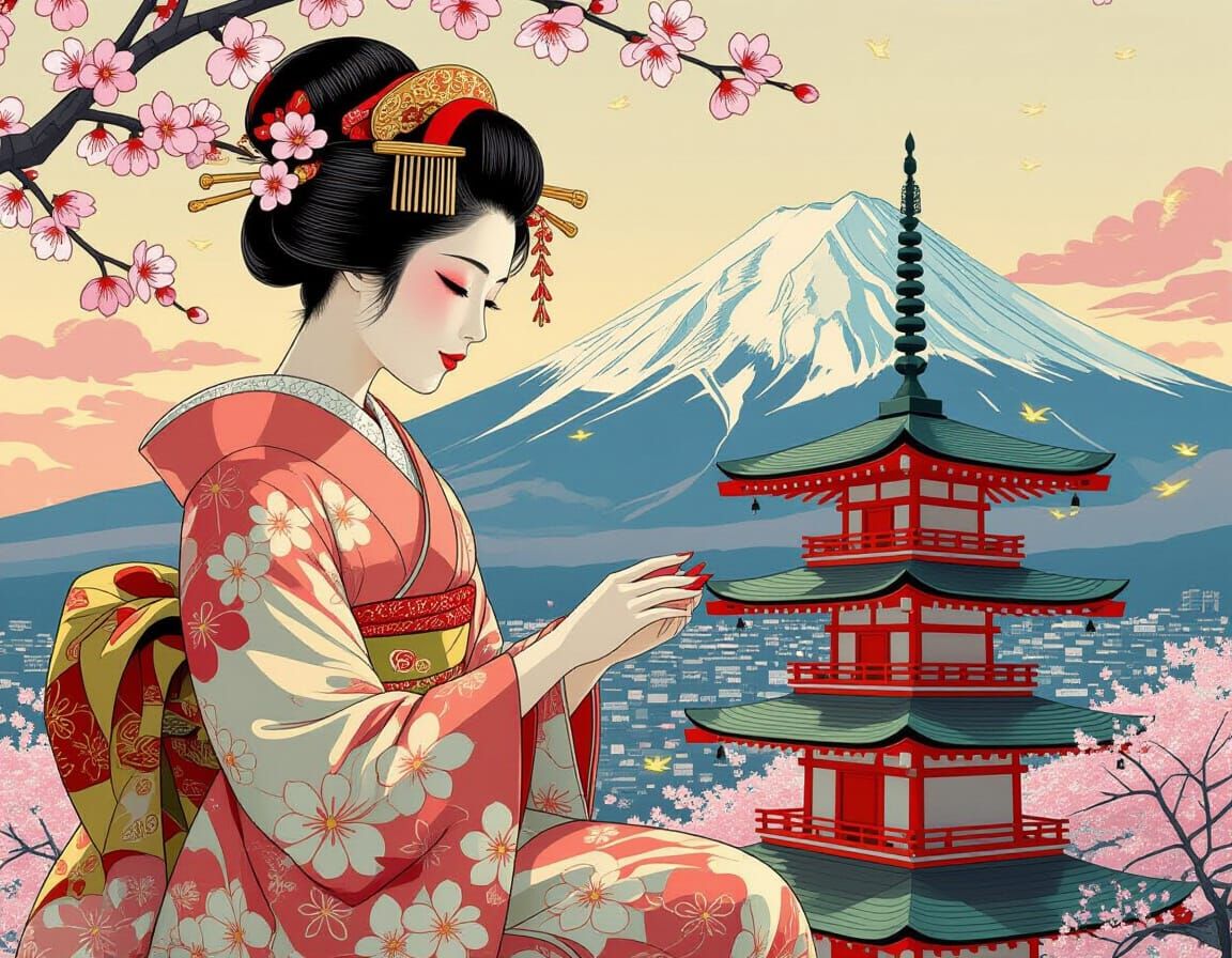 Geisha Places Temple at Mount Fuji, Art Nouveau Style