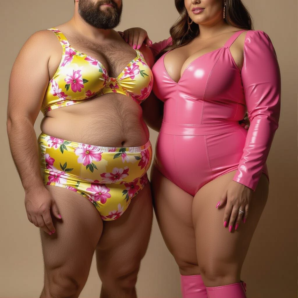 Plus-Size Man in Floral Bra, Diaper, and Heels