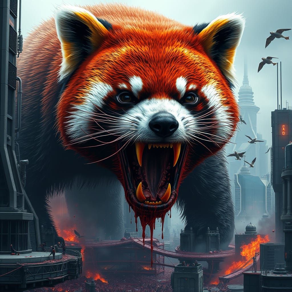 Monstrous Red Panda Attacks Futuristic Cityscape