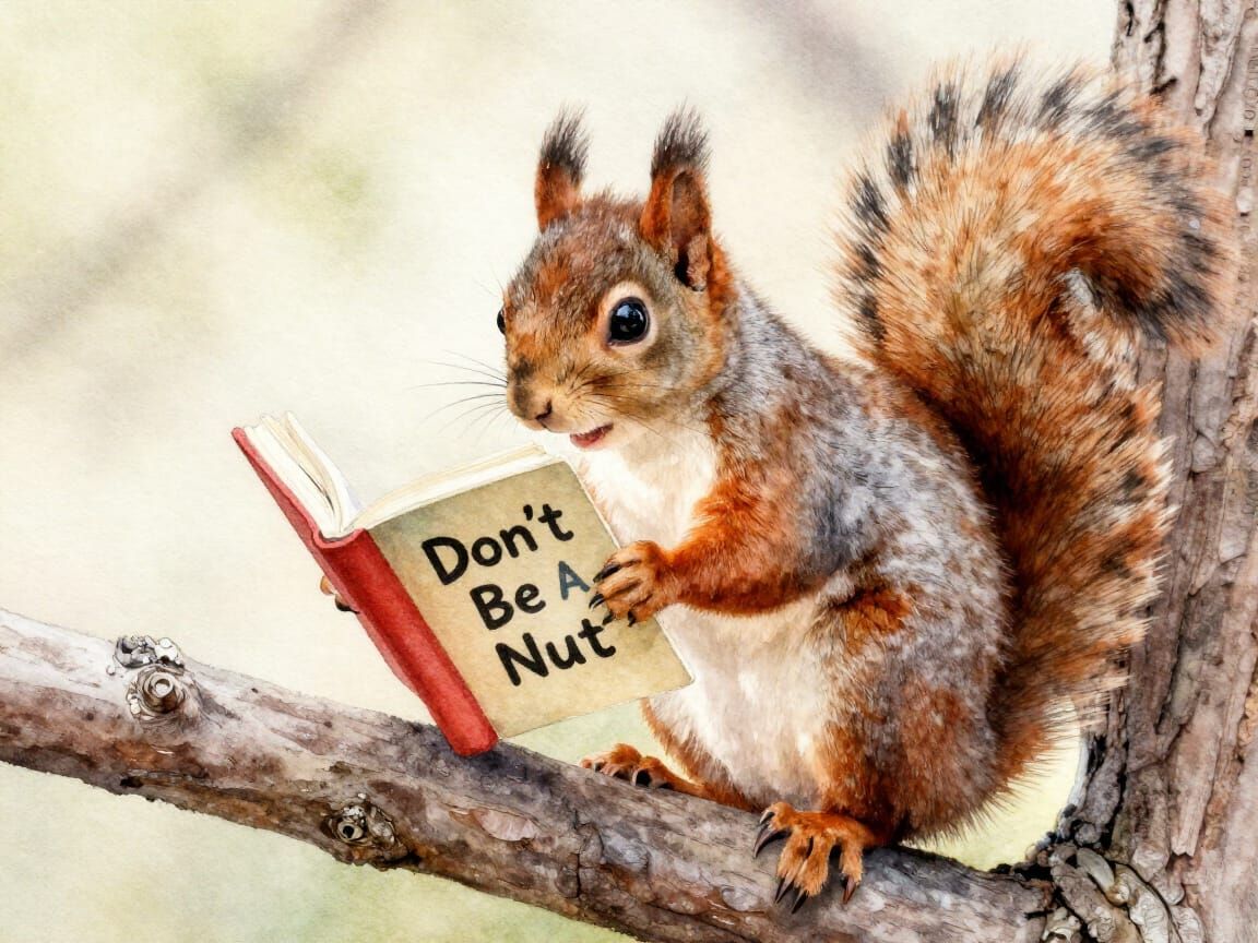 Watercolor Squirrel Reading Book On Branch