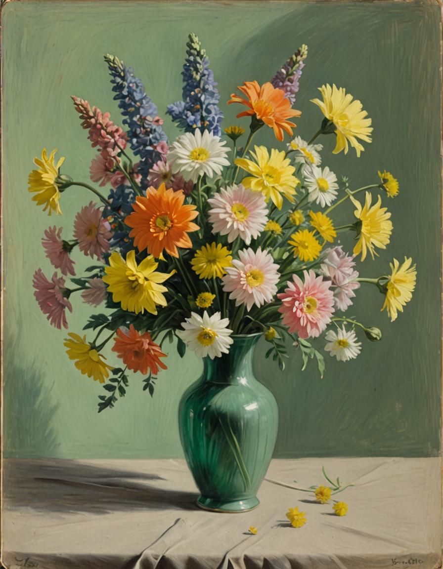 Flowers in Vase: Pastel Drawing in Early 1900s Style