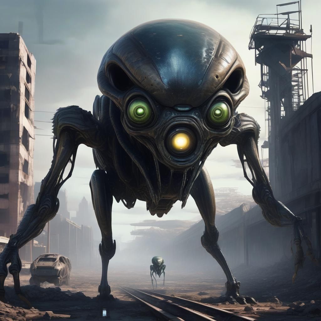 Alien Creature in Ruined Sci-Fi Landscape