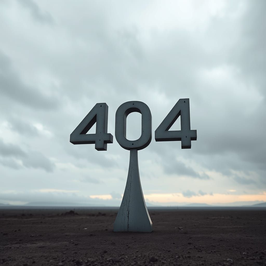 Futuristic 404 Error Sculpture in a Desolate Cloudy Landscap...