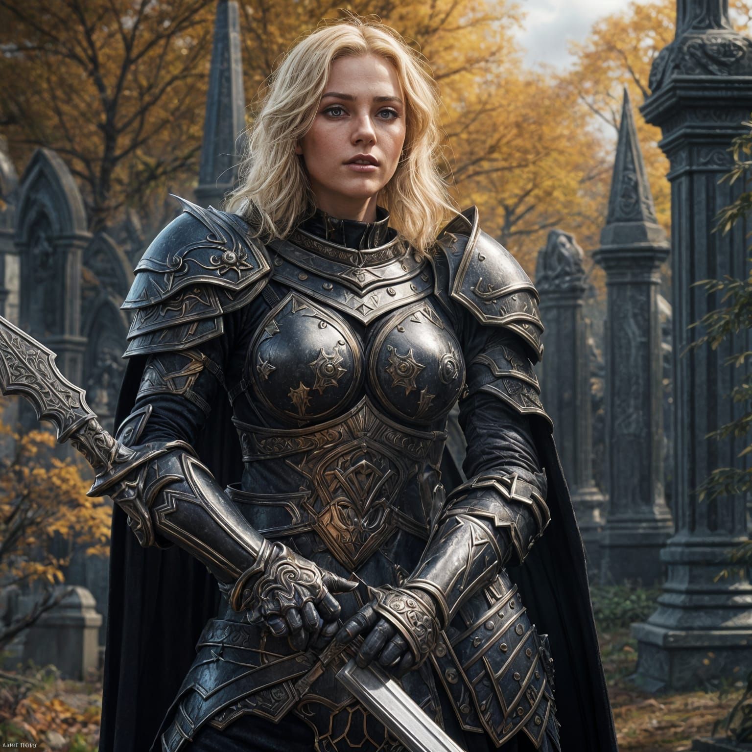 Beautiful Blonde Goddess of Anti-Paladins Wearing Jet Black Plate Armour and Wielding Black Sword standing in Graveyard
