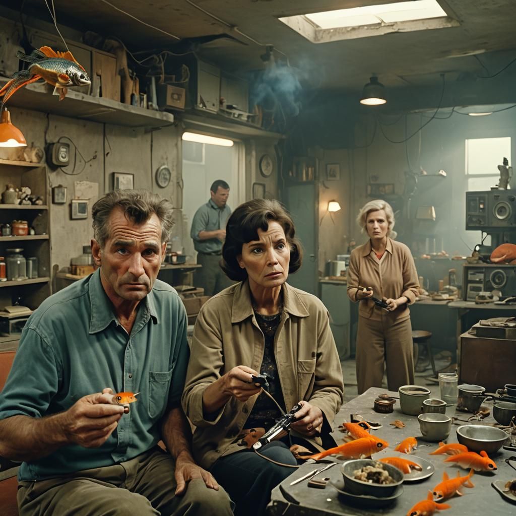 Elderly Man Swallows Emu in Futuristic City