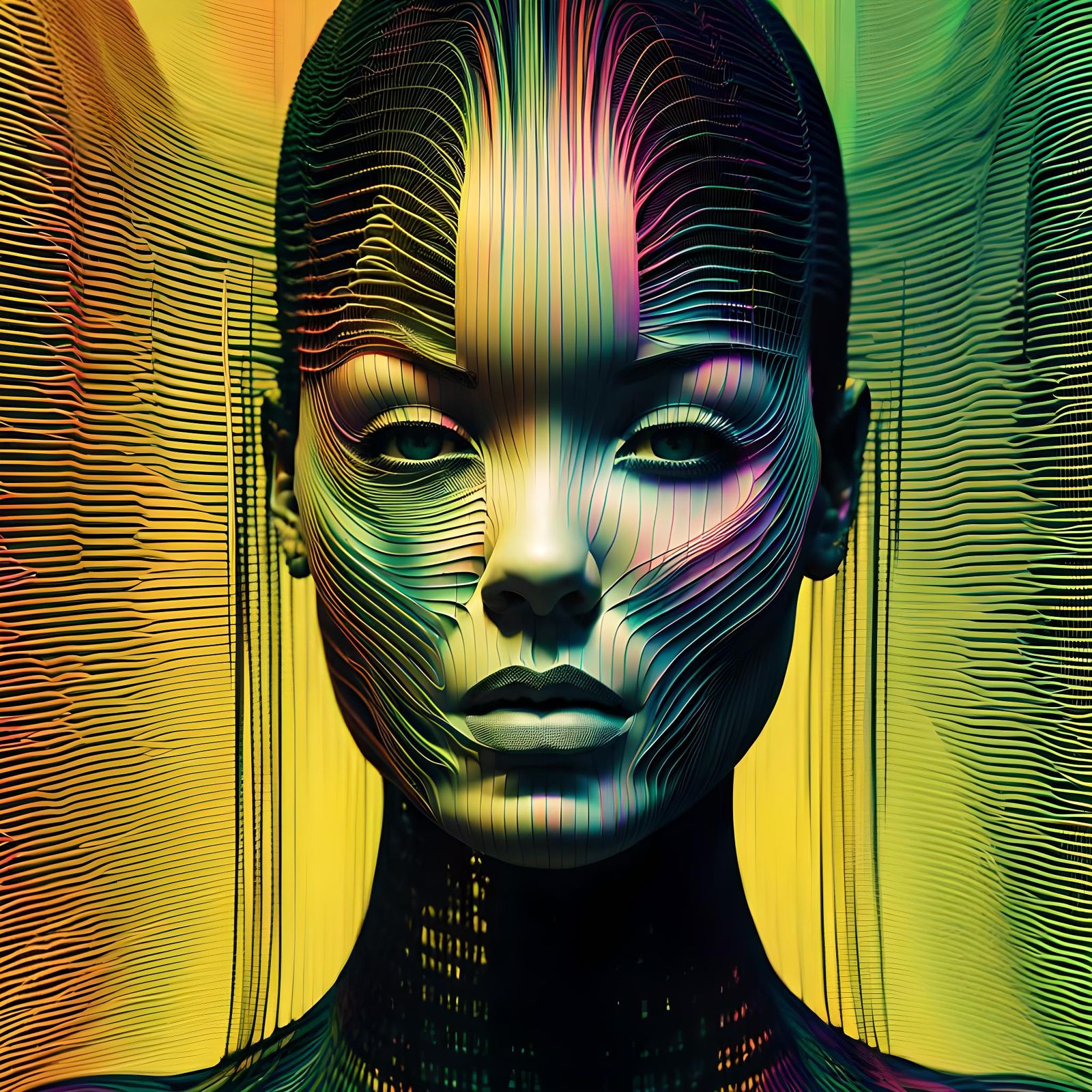 Android Wireframe Portrait with Rainbow Waveforms