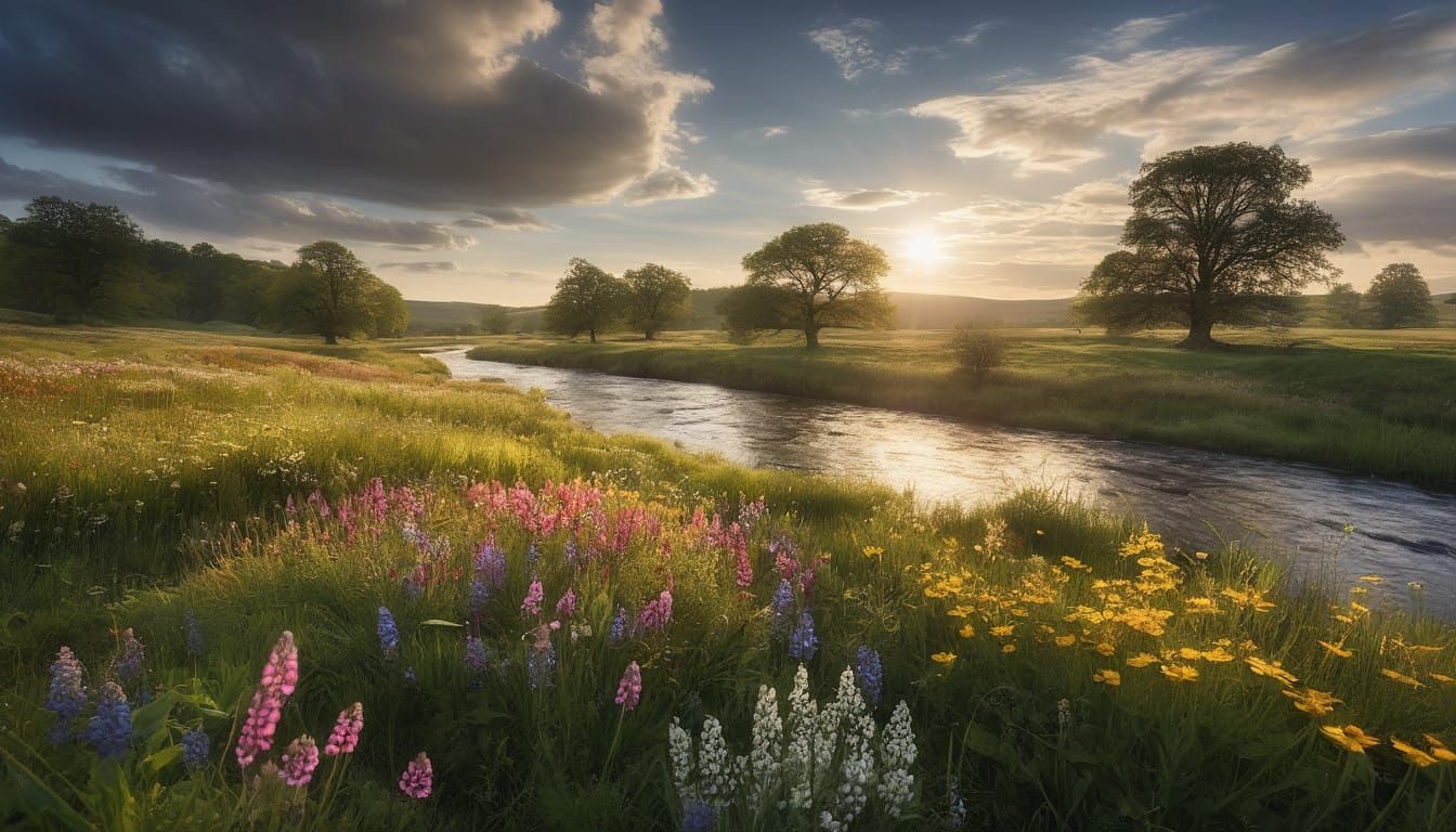Serene Spring Meadow Landscape with Vibrant Wildflowers and....