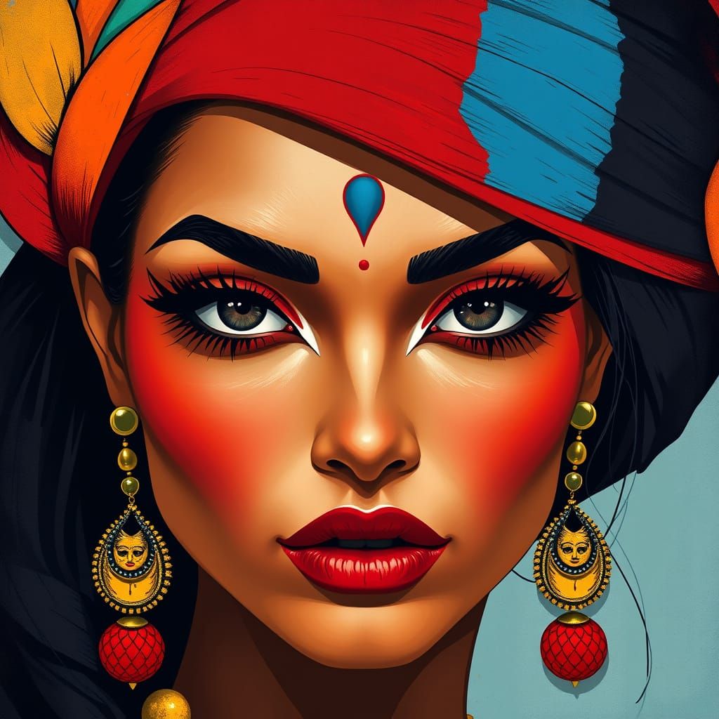 Pop Art Indian Woman with Geometric Accents