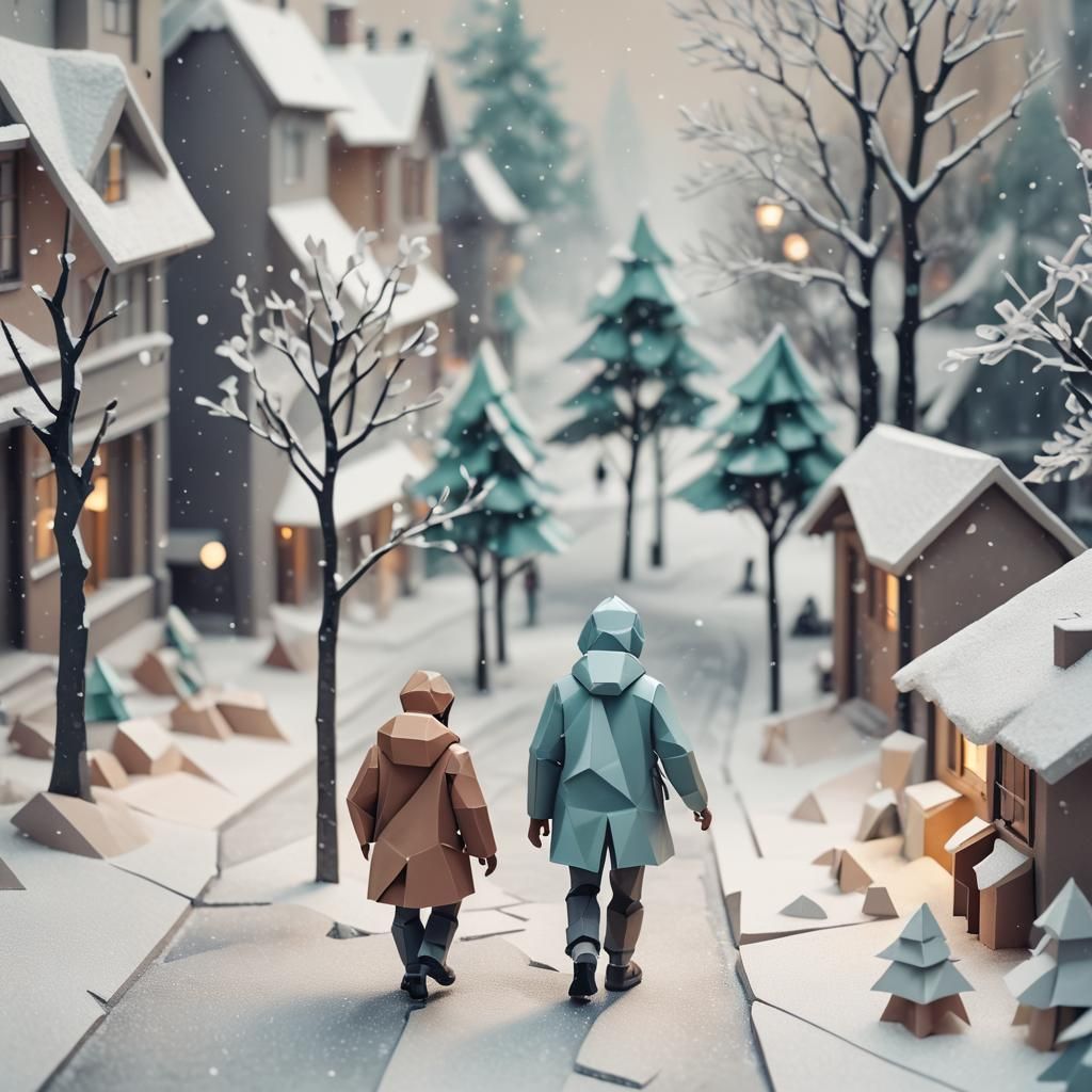 Man Walking on Snowy Street in Low-Poly Style