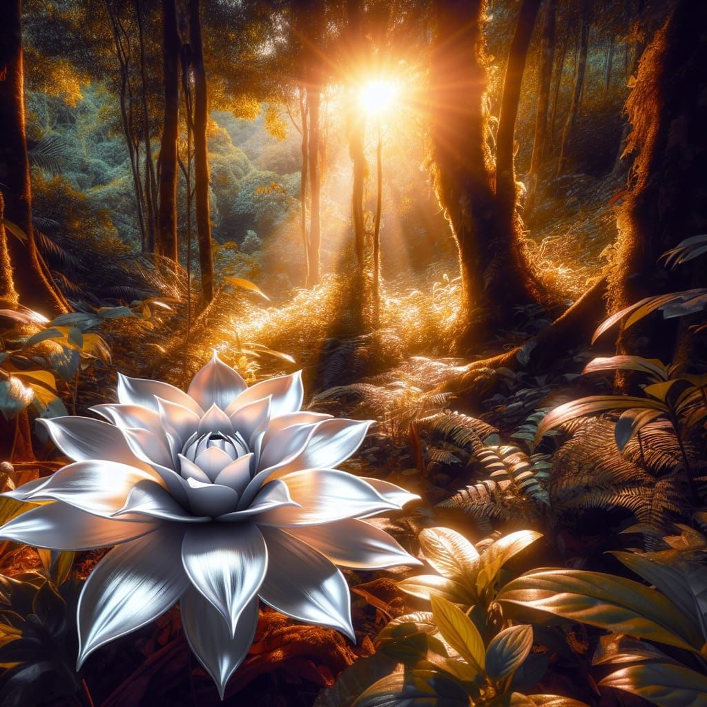 Silver and Gold Floral Bloom in Enchanting Forest Scene
