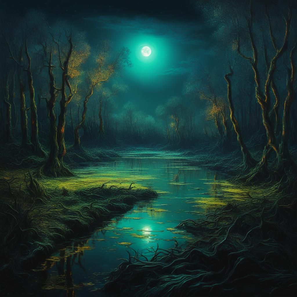 Glowing Swamp at Night in Van Gogh Style