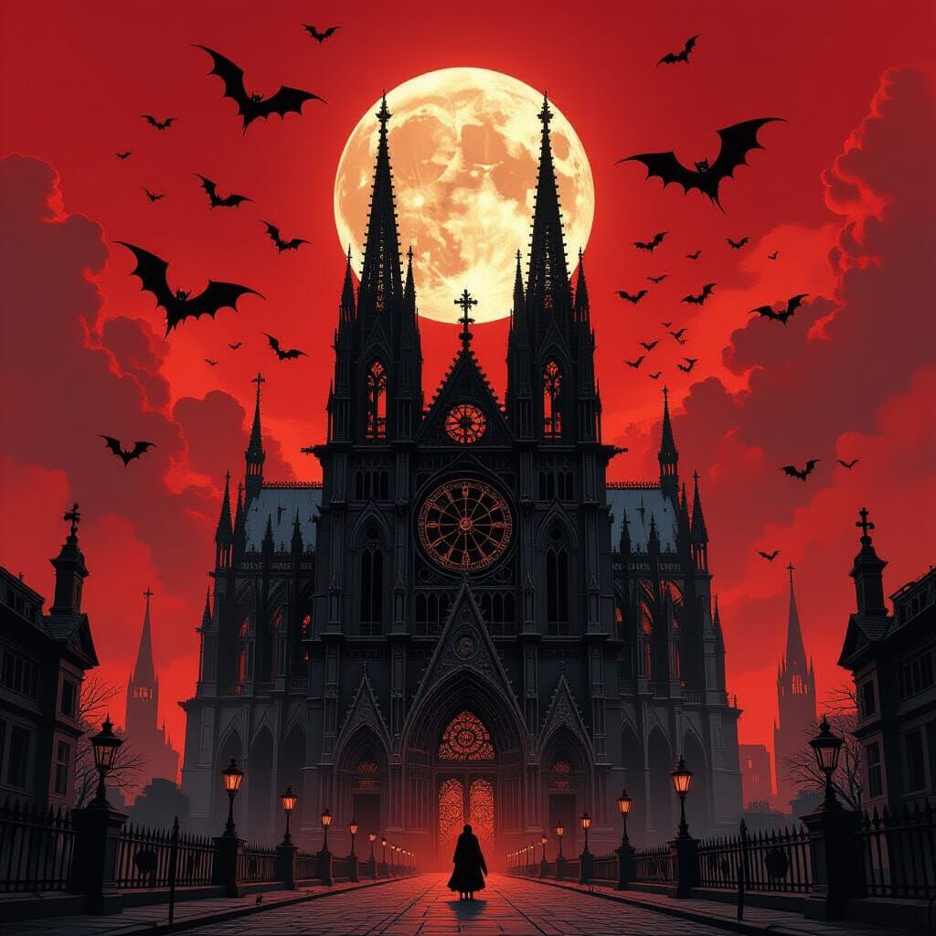 Gothic Bone Cathedral with Clockwork Bats in Charcoal Style