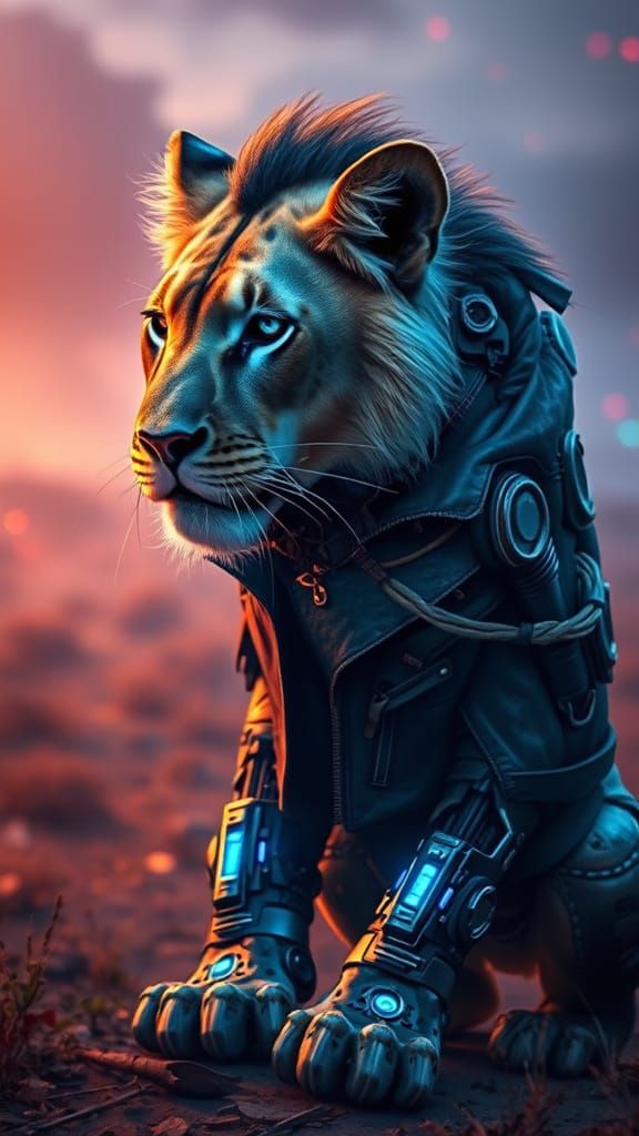 Cyberpunk Lioness Unveiled in Futuristic Dystopian Landscape