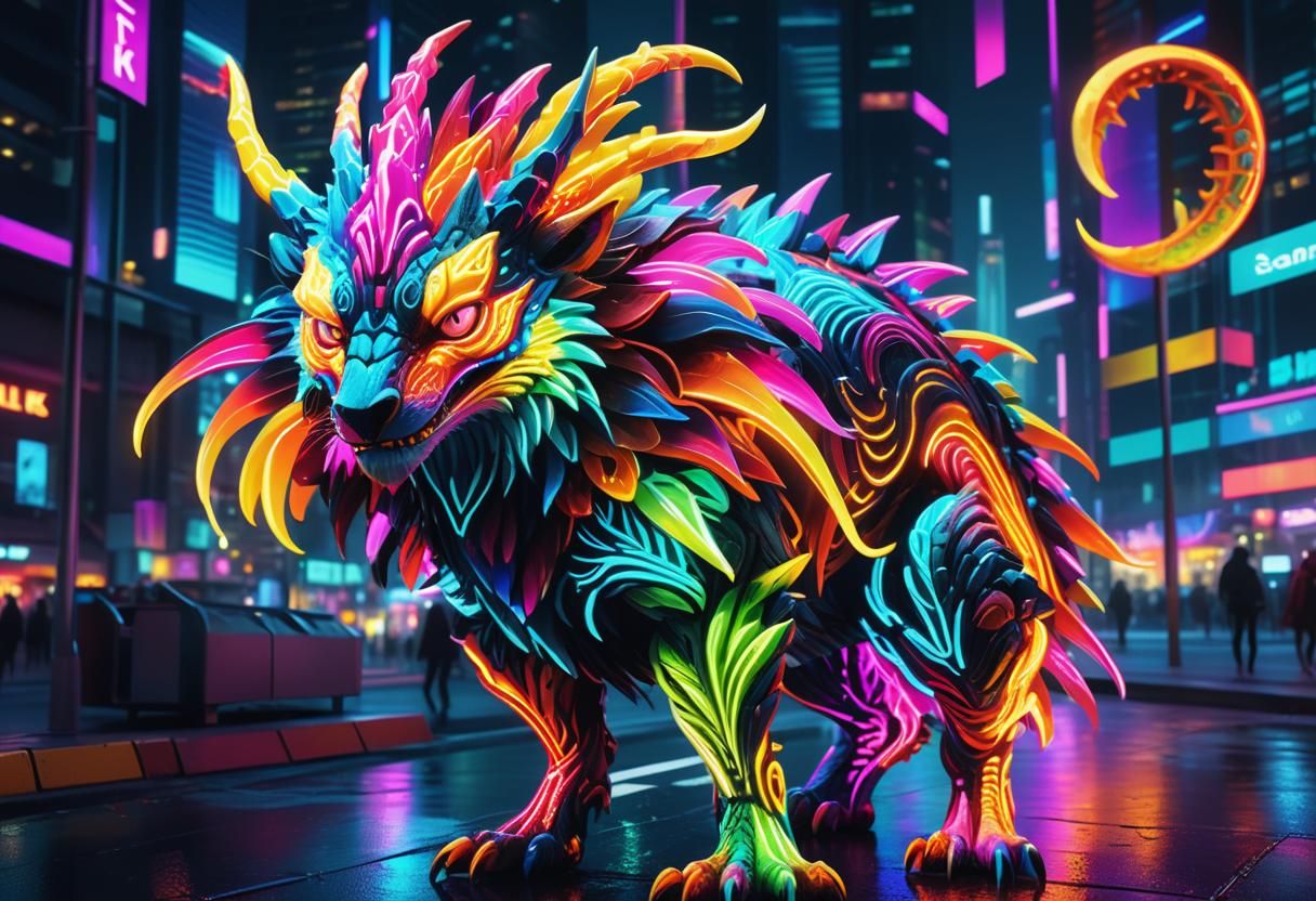Neon Cityscape Fantasy Creature in Digital Art