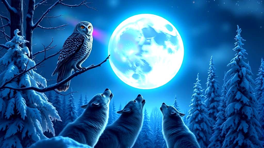 Magical Rainbow Moon with Owl and Wolves