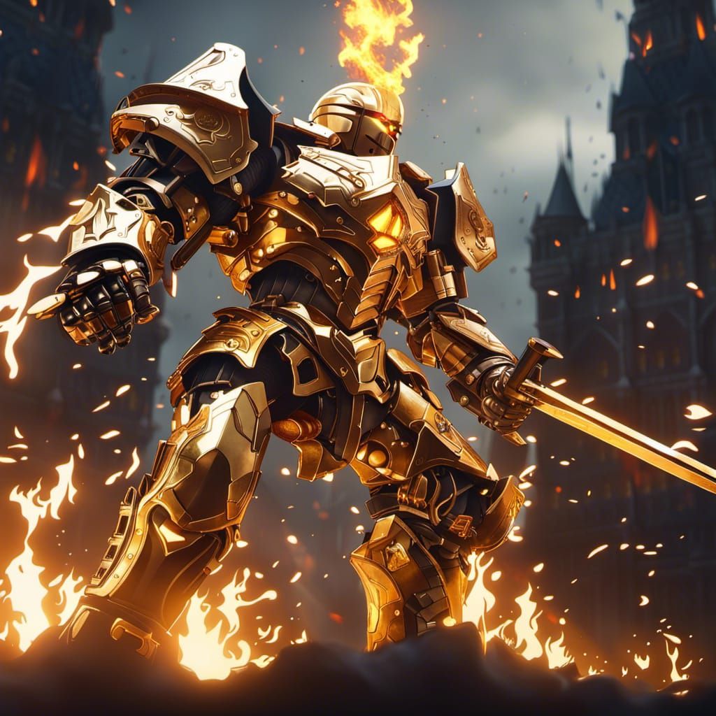 Gold knight Mecha defending the castle from the enemies