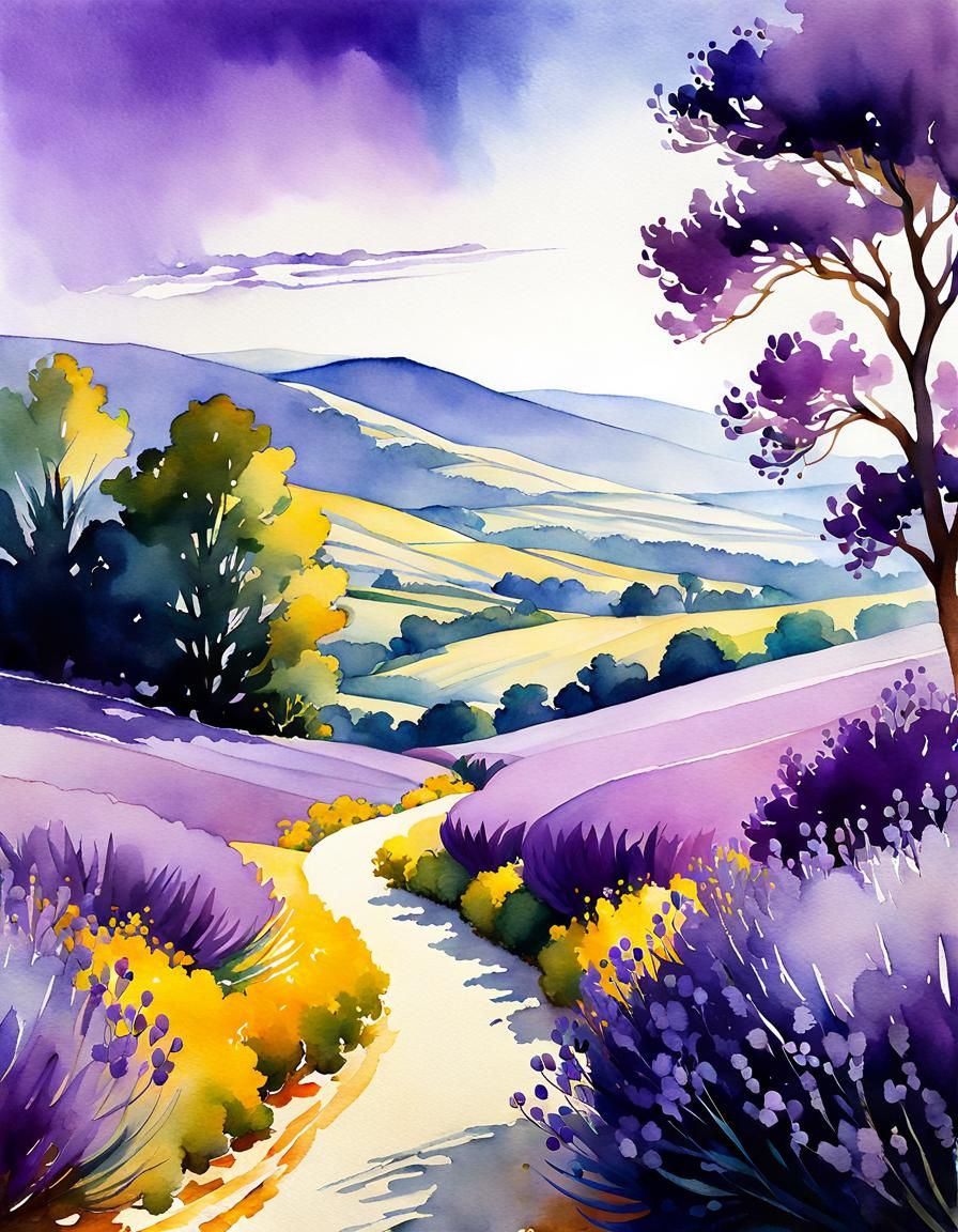 Lavender Field: Minimalist Watercolor Landscape
