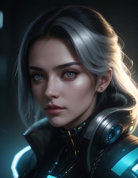 Cyberpunk Hacker with Golden Eyes in Silver Room