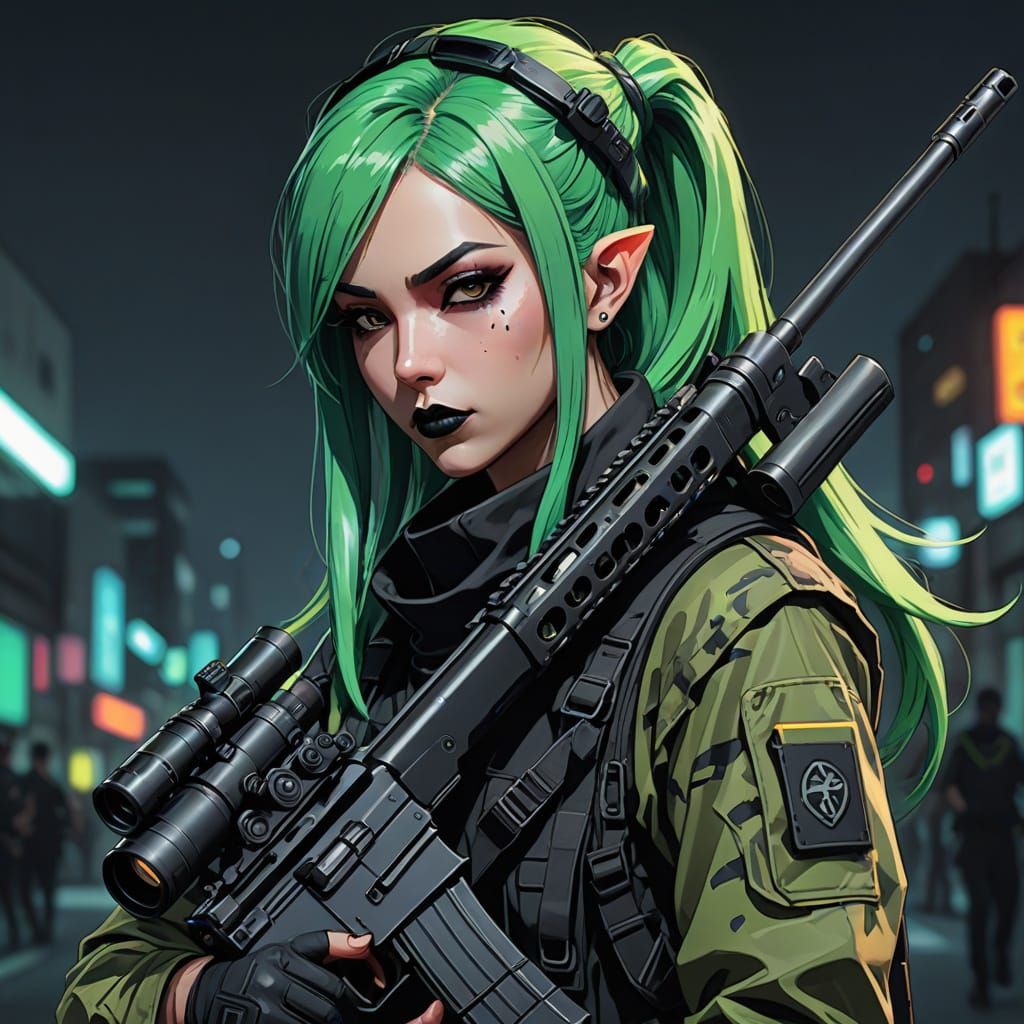 Gothic Anime Elf Warrior in Urban Camo, Holding Sniper Rifle