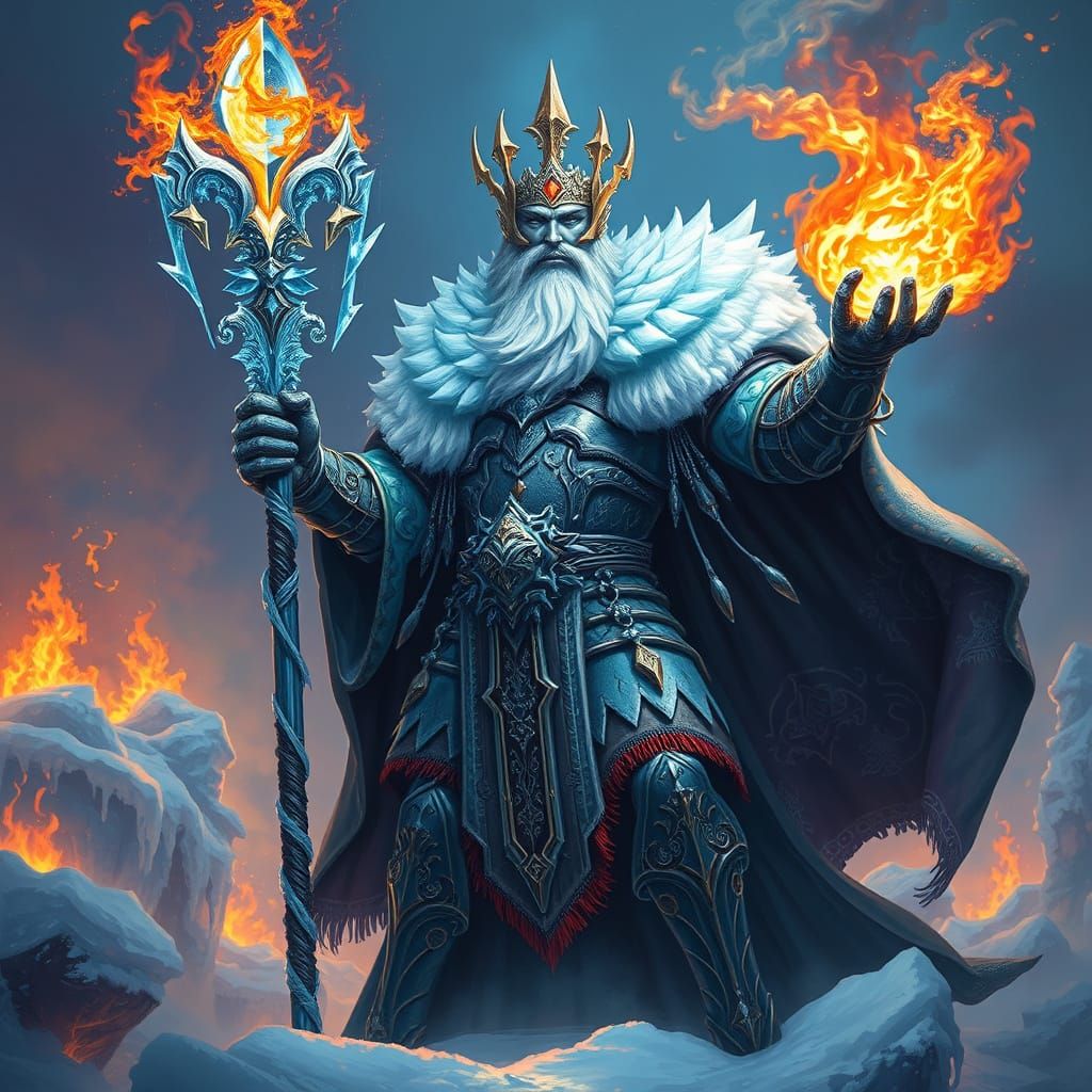 Majestic Fire and Ice King in Frozen Landscape