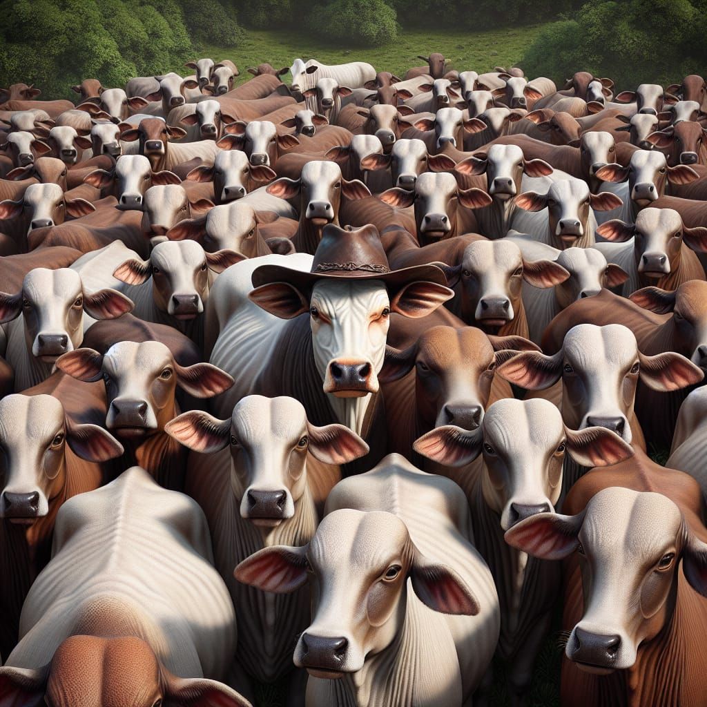 Cow Herd with Cowboy Hat in Lush Pasture