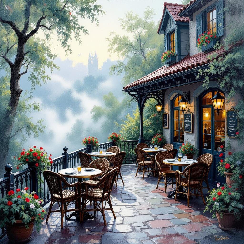 Restaurant Terrace in Impressionist Gouache Style