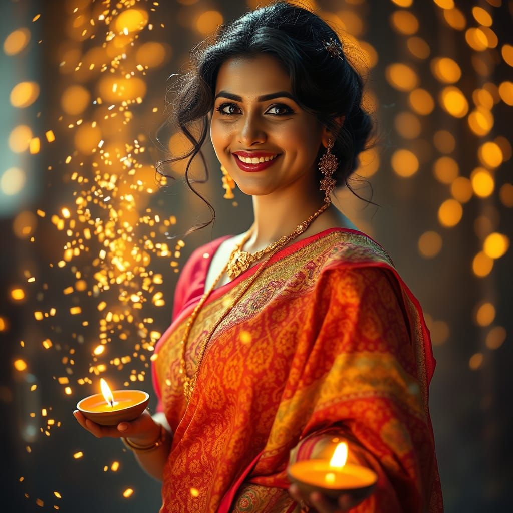 Whimsical Goddess of Light and Joy in Vibrant Sari