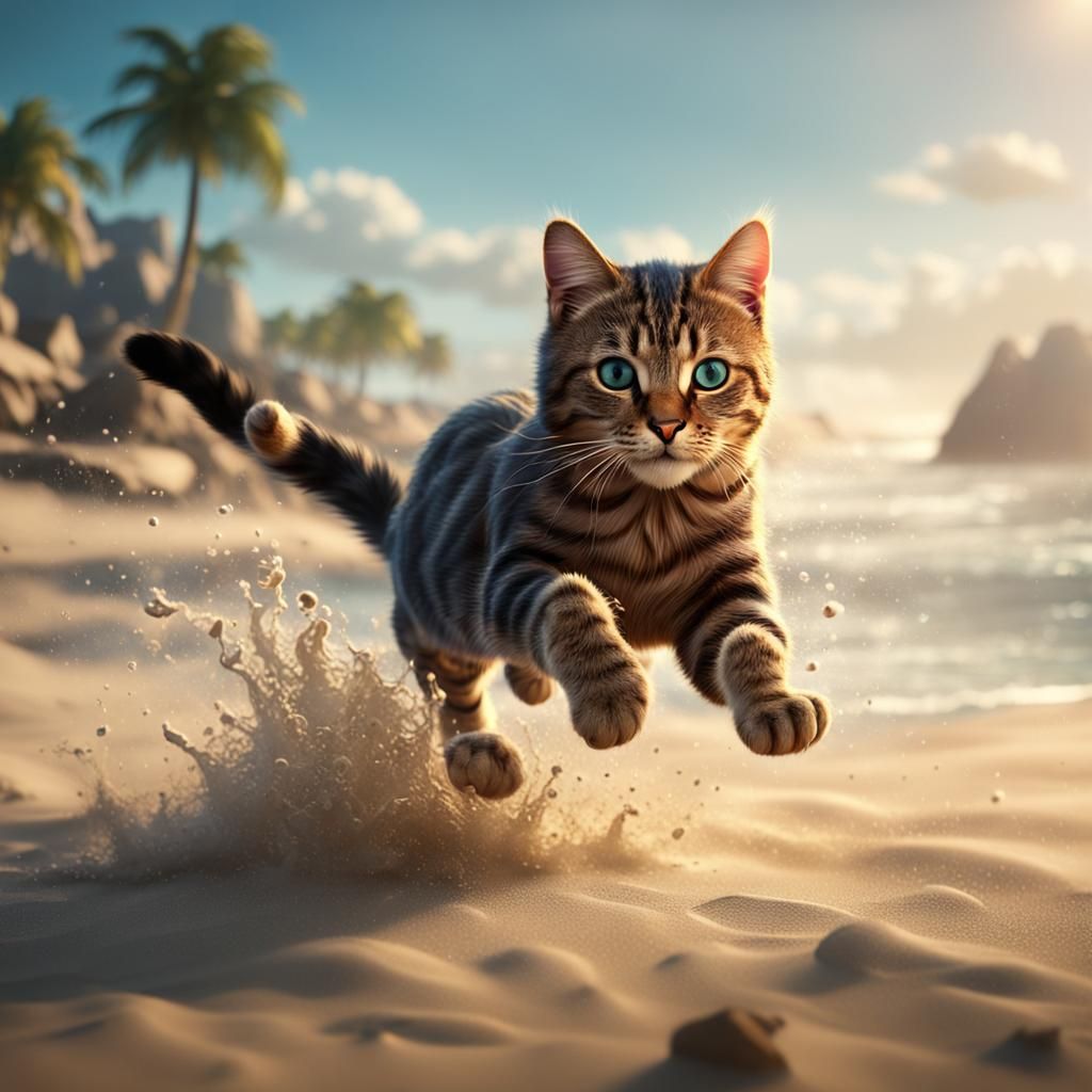 Cute Cat Running on Beach: Fantasy Concept Art