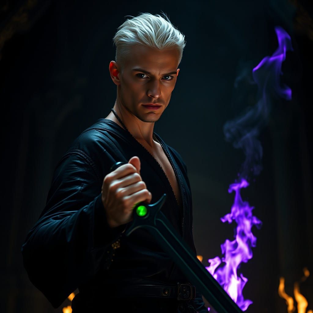 Mysterious, Silver-Haired Warrior in Dark Temple