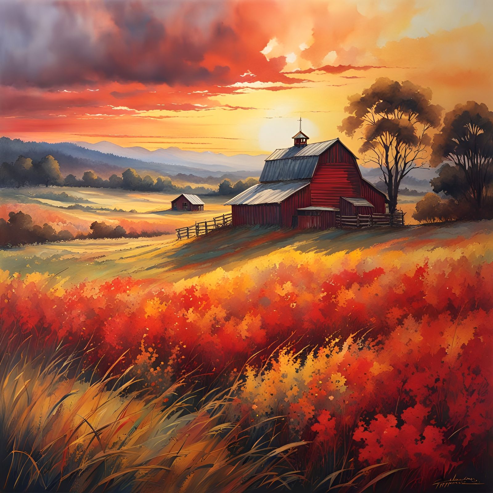 Retro Farm Sunset in Watercolor Style