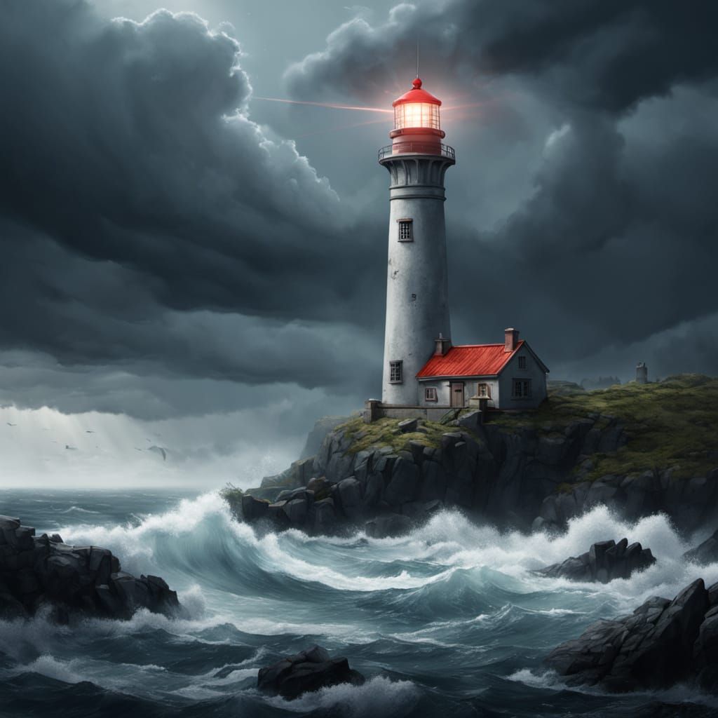 Lighthouse on Rocky Island in Approaching Storm