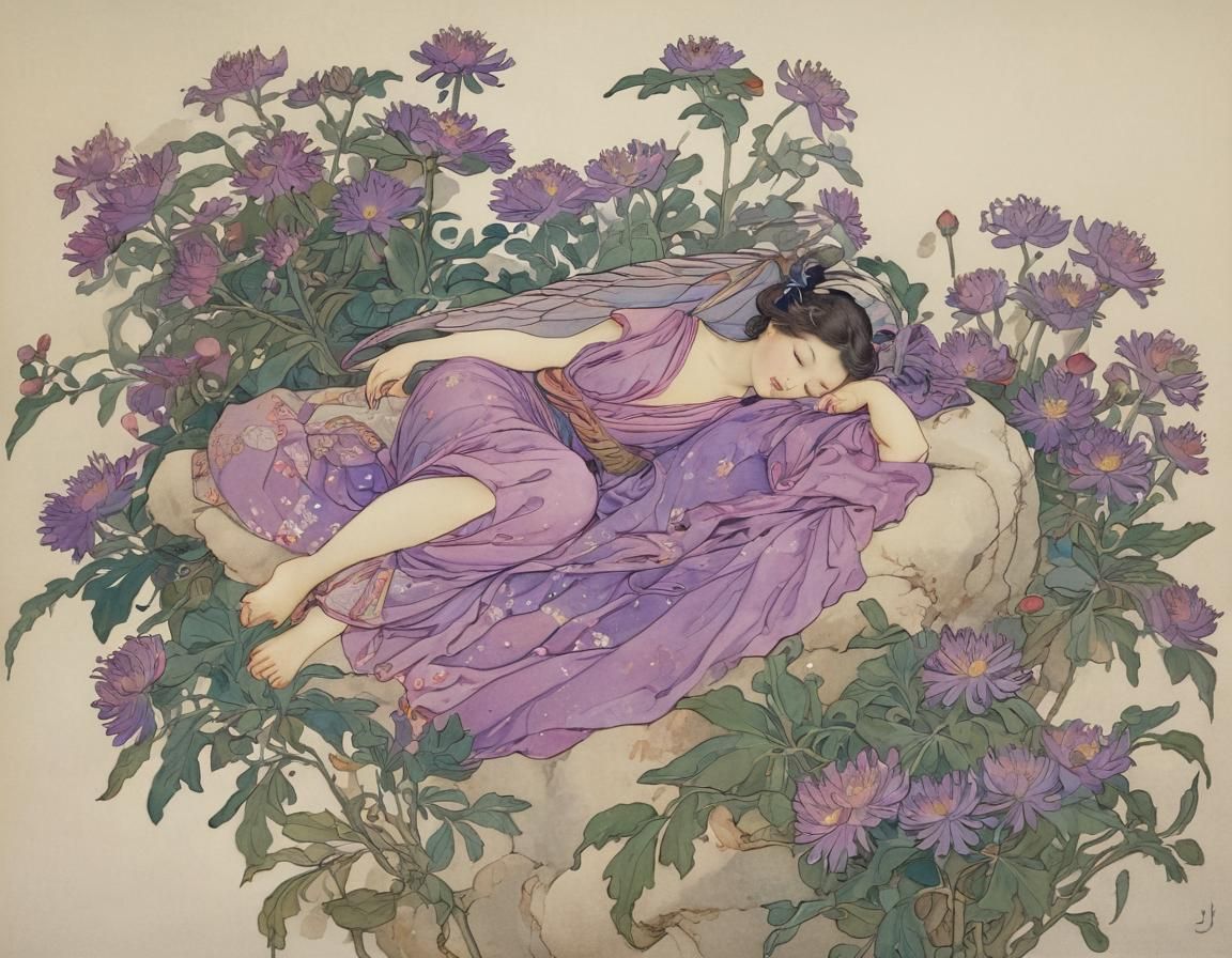 Fairy Sleeping in Aster Blossom, Dulac Style
