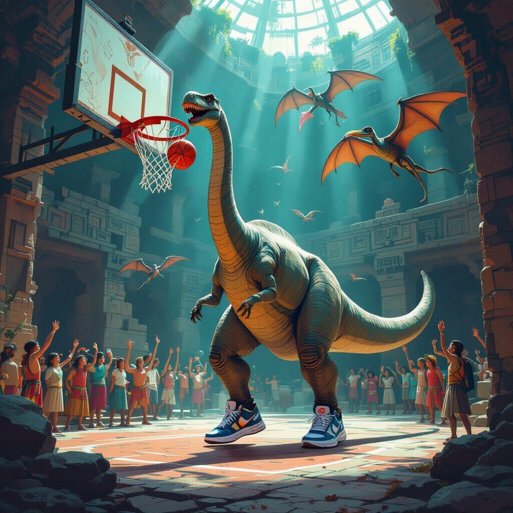 Dinosaur Dunking on Triceratops in Ancient Temple Court