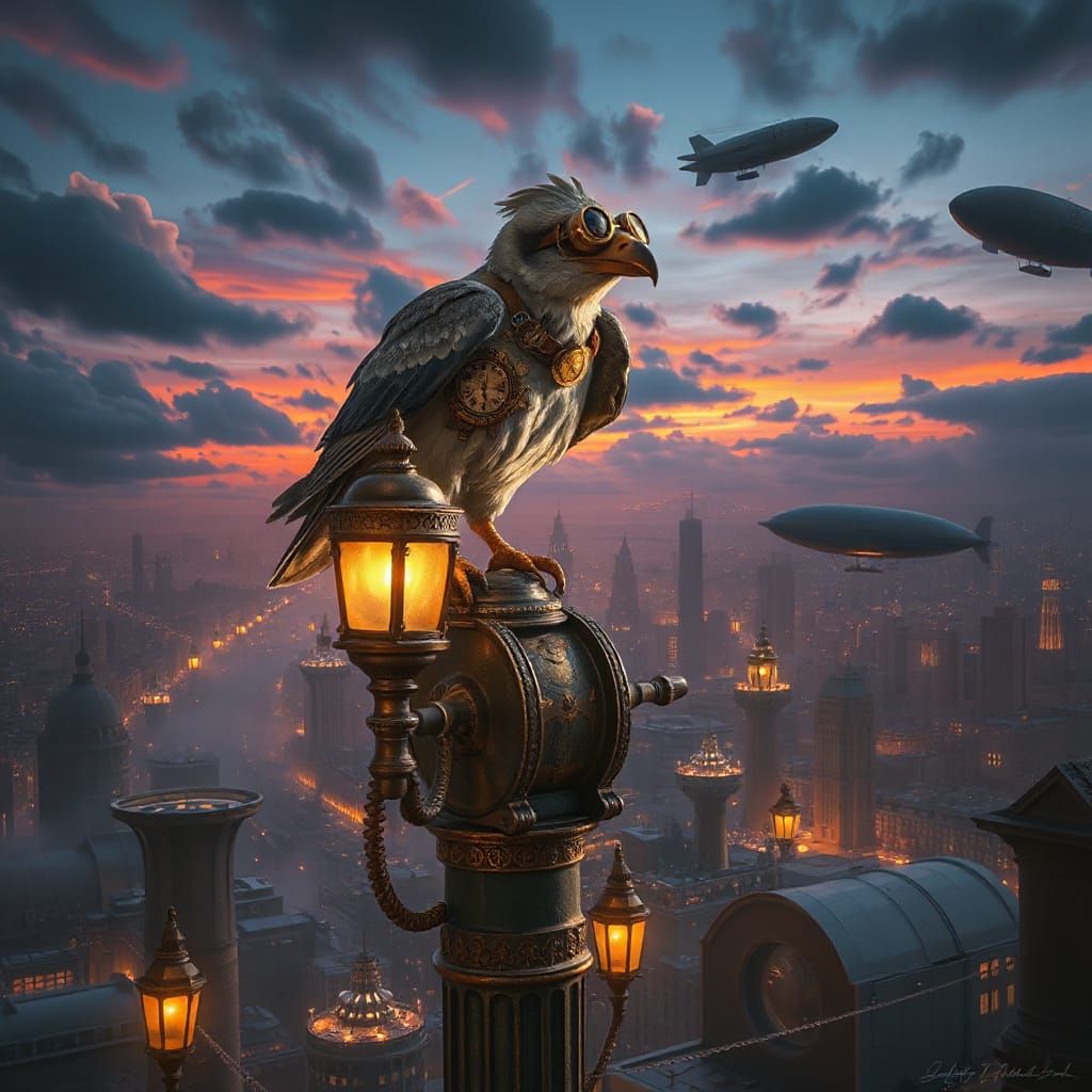 Clockwork Bird on Lamppost in Steampunk City