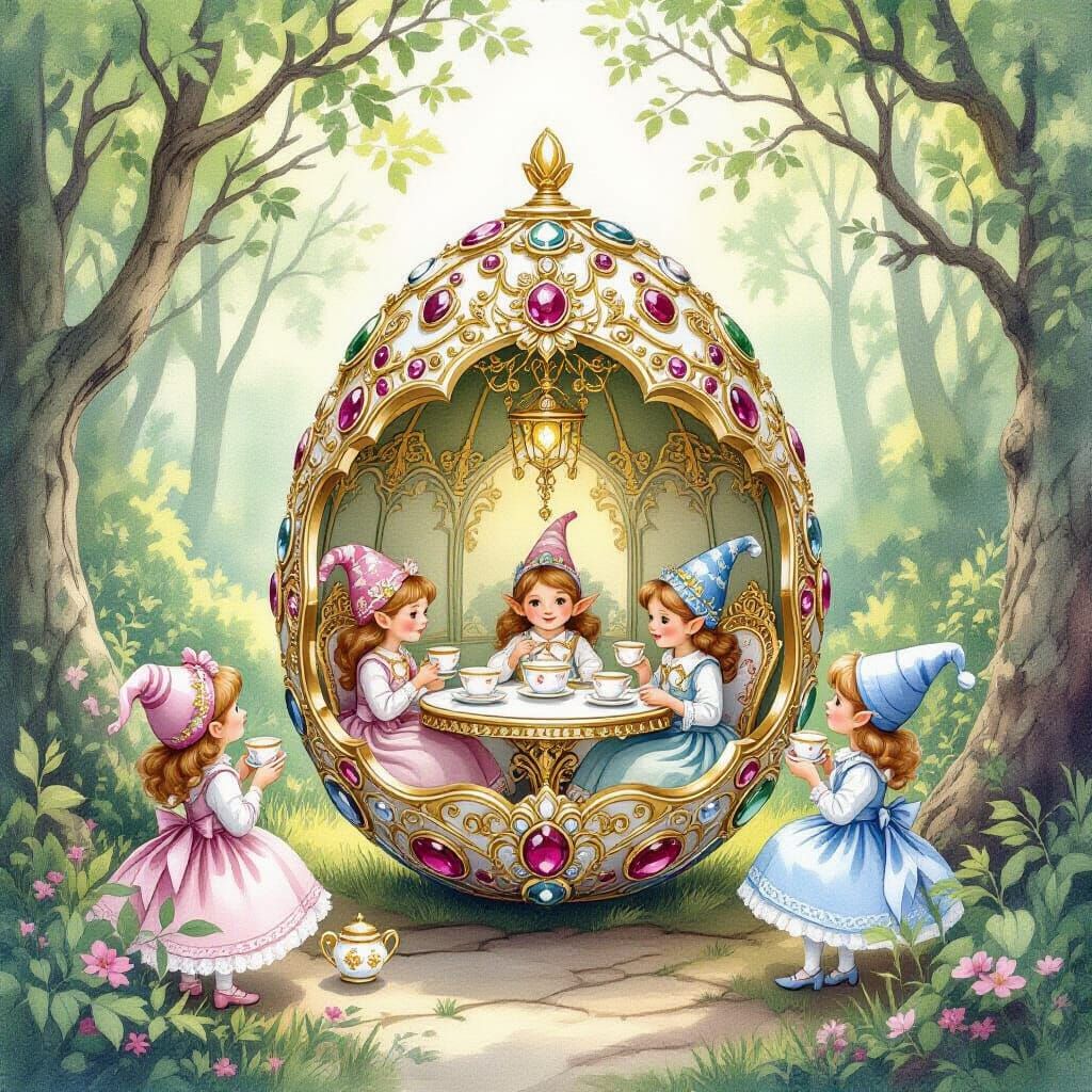 Elven Tea Room Inside a Fabergé Egg, Watercolor Style
