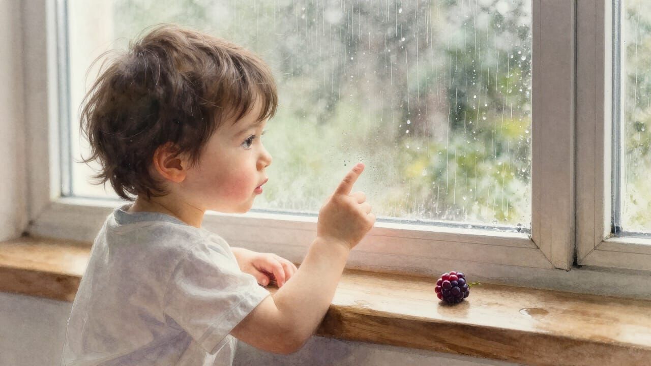 Child Contemplating Rain by Window in Watercolor Style
