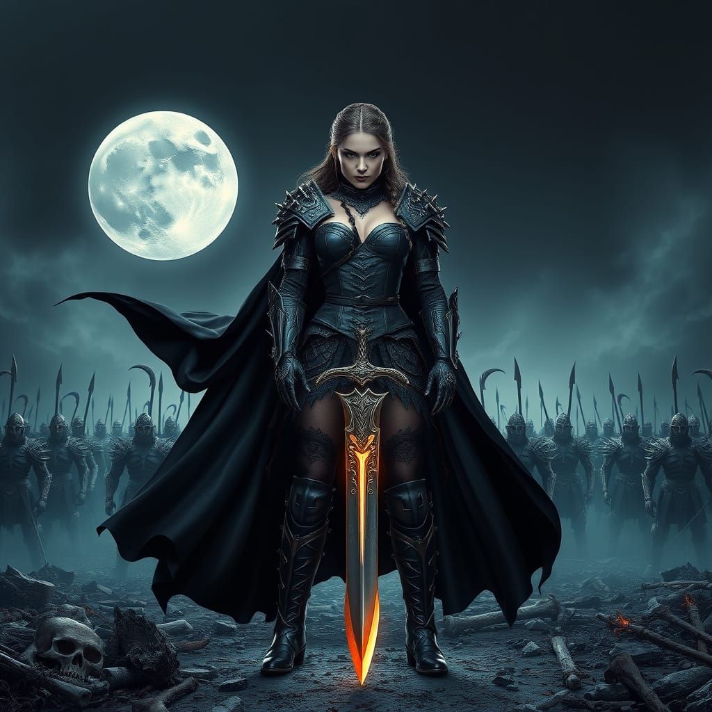 Dark Fantasy Warrior Woman on Desolate Battlefield