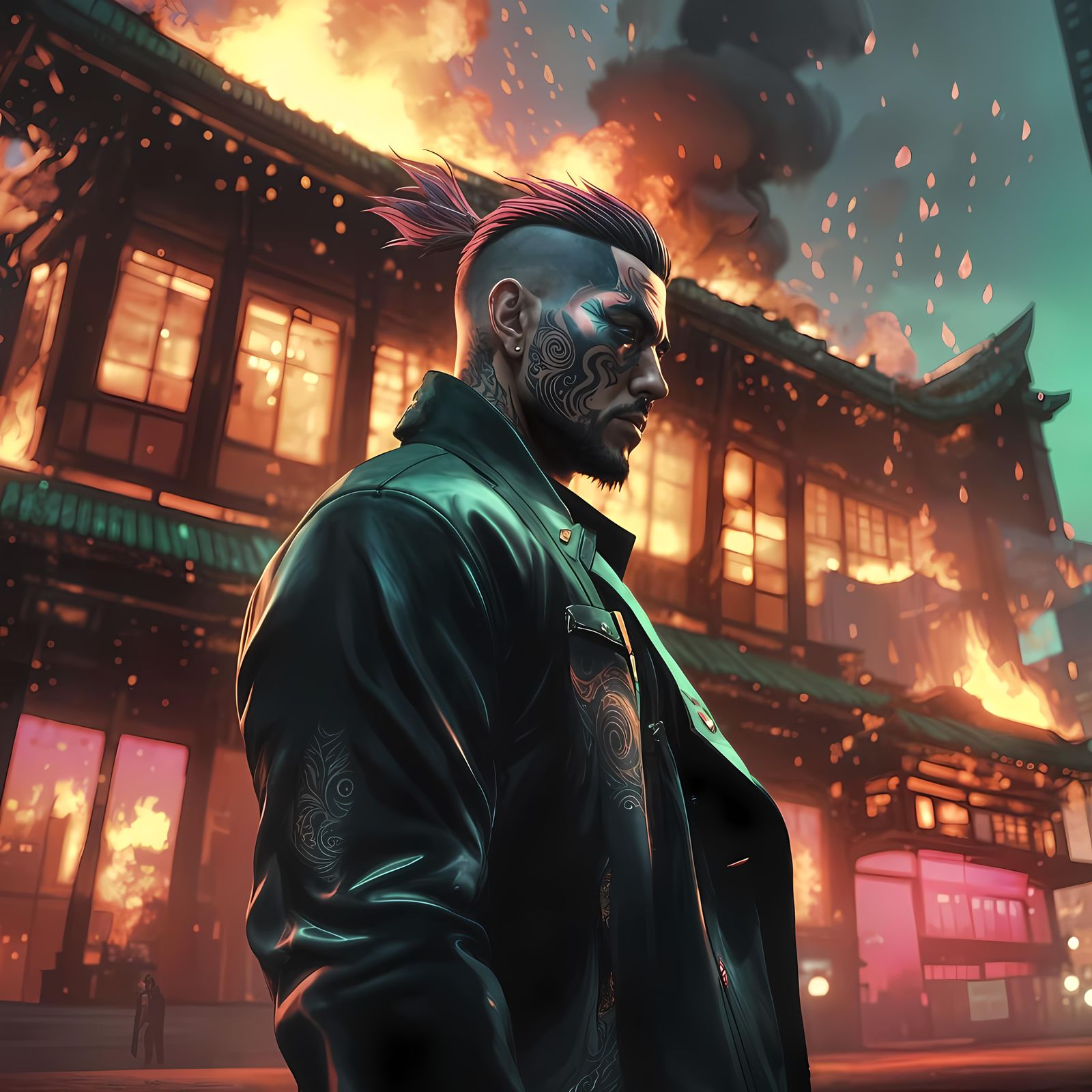 Yakuza in Flames: Detailed Matte Painting