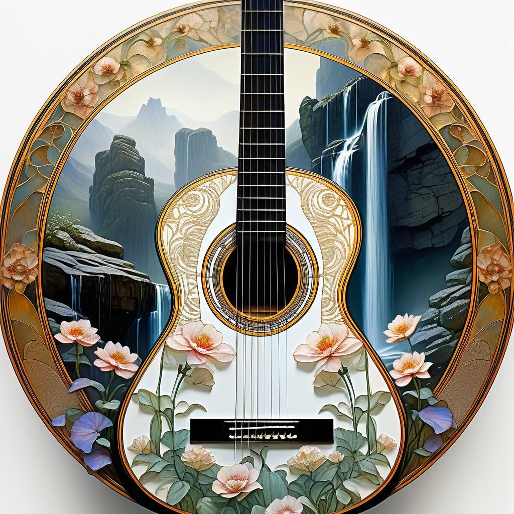 Waterfall Inside Guitar in Art Nouveau Style