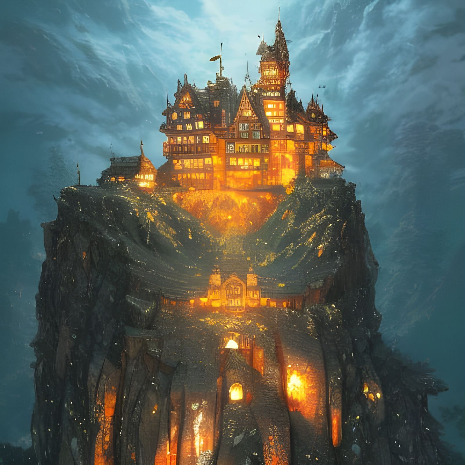 Amber Gemstone Castle on Epic Mountain, Detailed Art