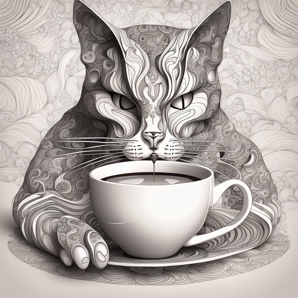 Abstract Cat and Coffee with Fractal Design