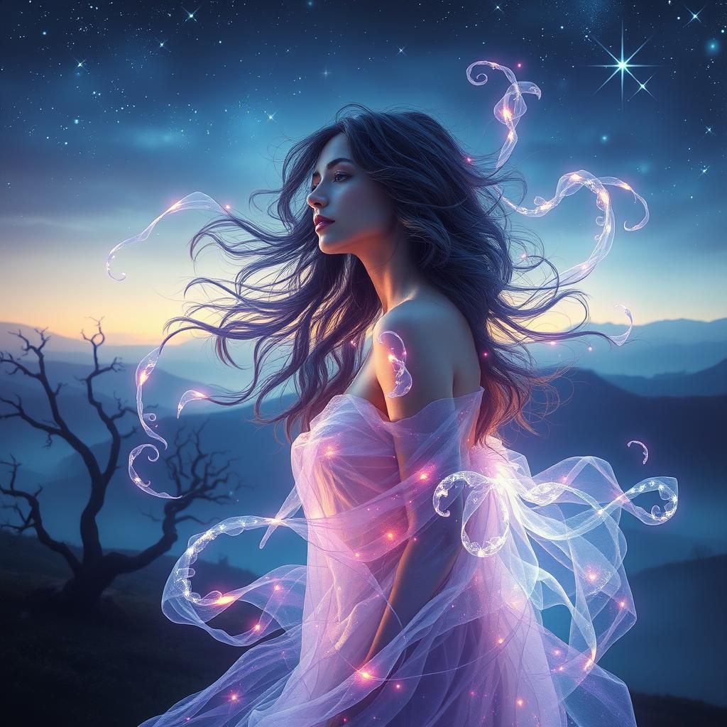 Ethereal Mist Woman in Mystical Landscape