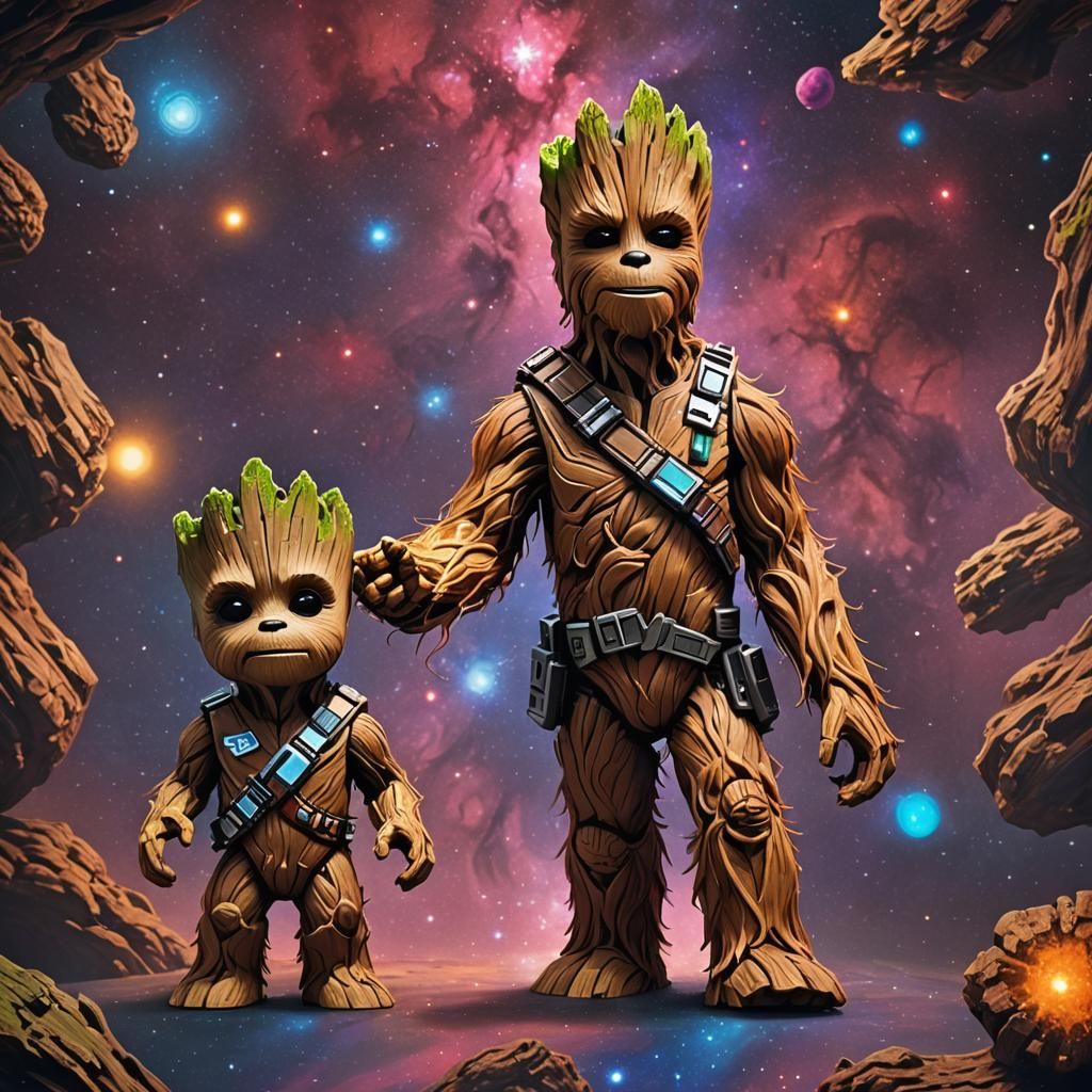 Groot Chewbacca Toy in Space: Digital Art