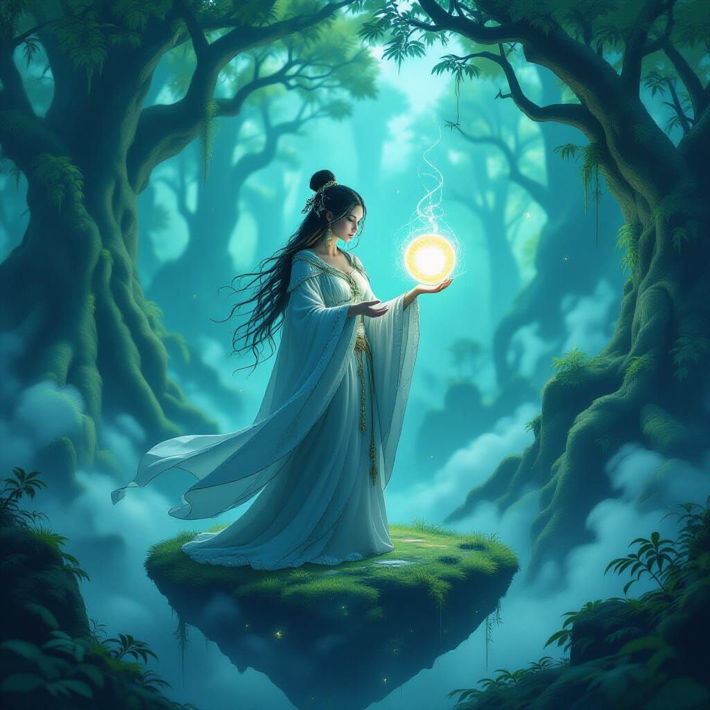 Woman on Floating Island With Glowing Orb, Surreal Fantasy A...