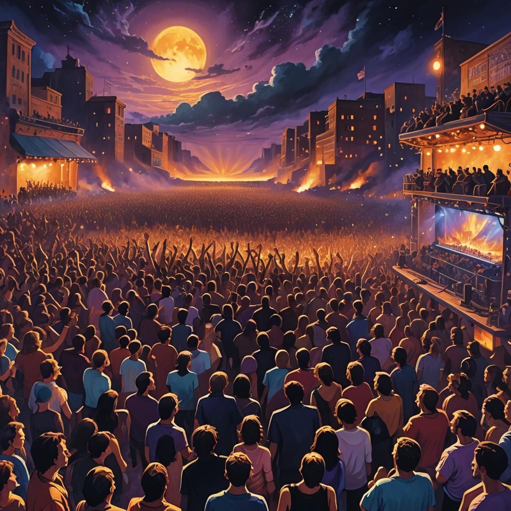 Crowded Rock Concert Under Blazing Stage Lights